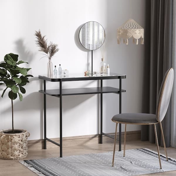 Matte Black and Gold Vanity with Glass Top and Integrated Circular Mirror