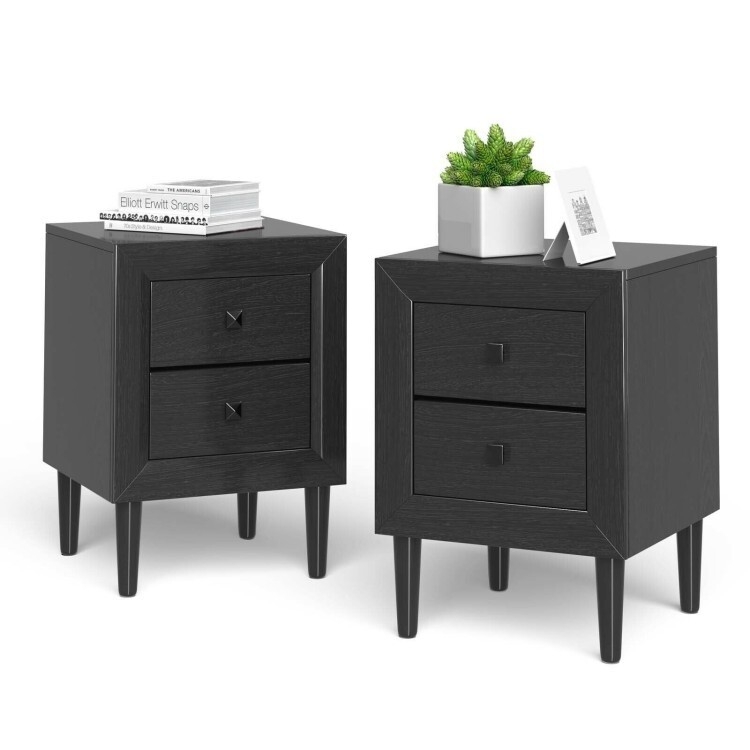 Matte Black Bedside Tables Pair, Gold Hardware, Splayed Tapered Legs