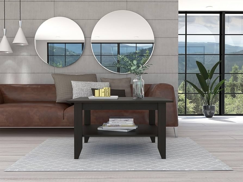 Matte Black Coffee Table with Visible Wood Grain and Open Storage Shelf