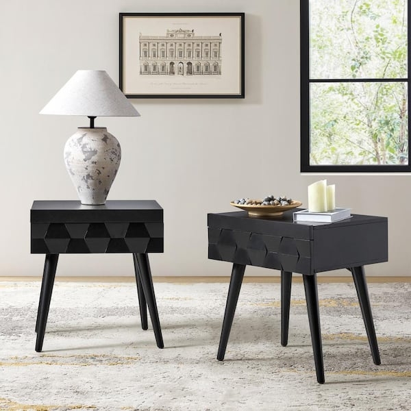 Matte Black Hexagonal End Table with Charging Station and Open Shelf