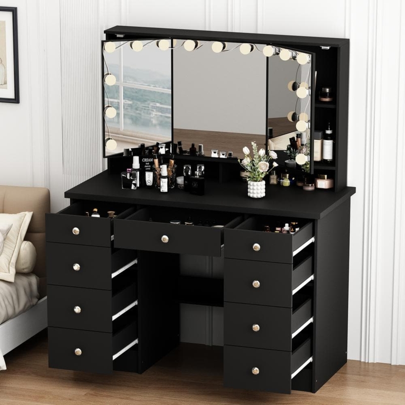 Matte Black Modern Makeup Vanity Desk with 9 Drawers