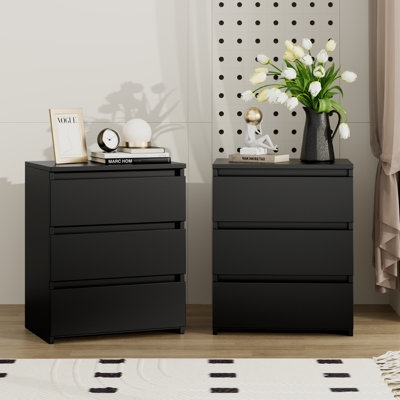 Matte Black Modern Nightstand with Slim Gold Hardware and Tapered Legs