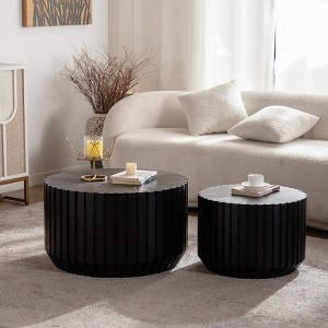 Matte Black Nesting Coffee Tables, Round Fluted Pedestal Base Details