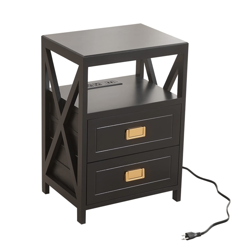 Matte Black Nightstand with Charging Station and Three Drawers