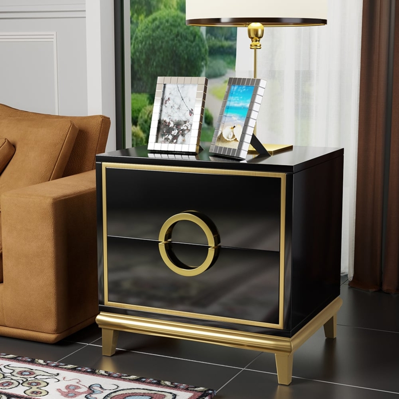 Matte Black Nightstand with Gold Bar Pulls and Slender Legs