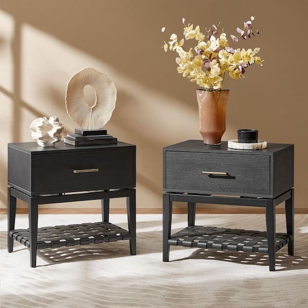 Matte Black Nightstand with Integrated Power Outlet and Open Lower Shelf