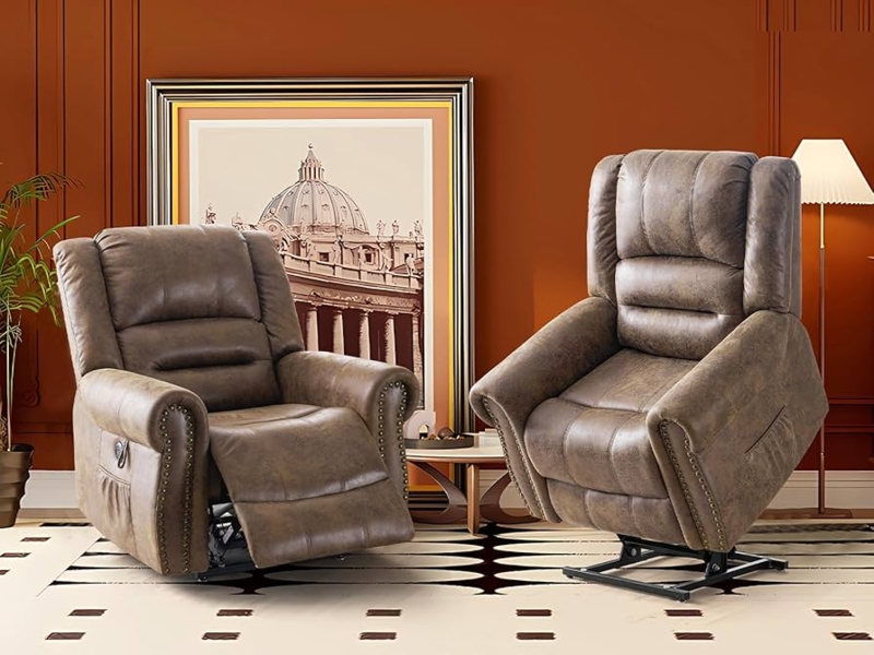 Matte Brown Power Recliner with Overstuffed Arms and Side Pocket