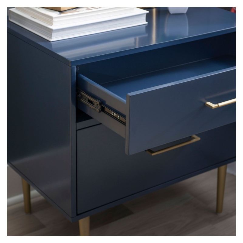 Matte Navy Blue Nightstand with Gold Ring Pulls and Tapered Legs