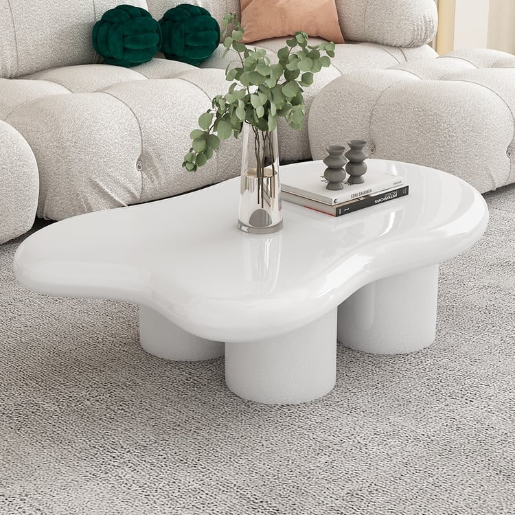 Matte White Coffee Table Cloud Shape Thick Cylindrical Legs
