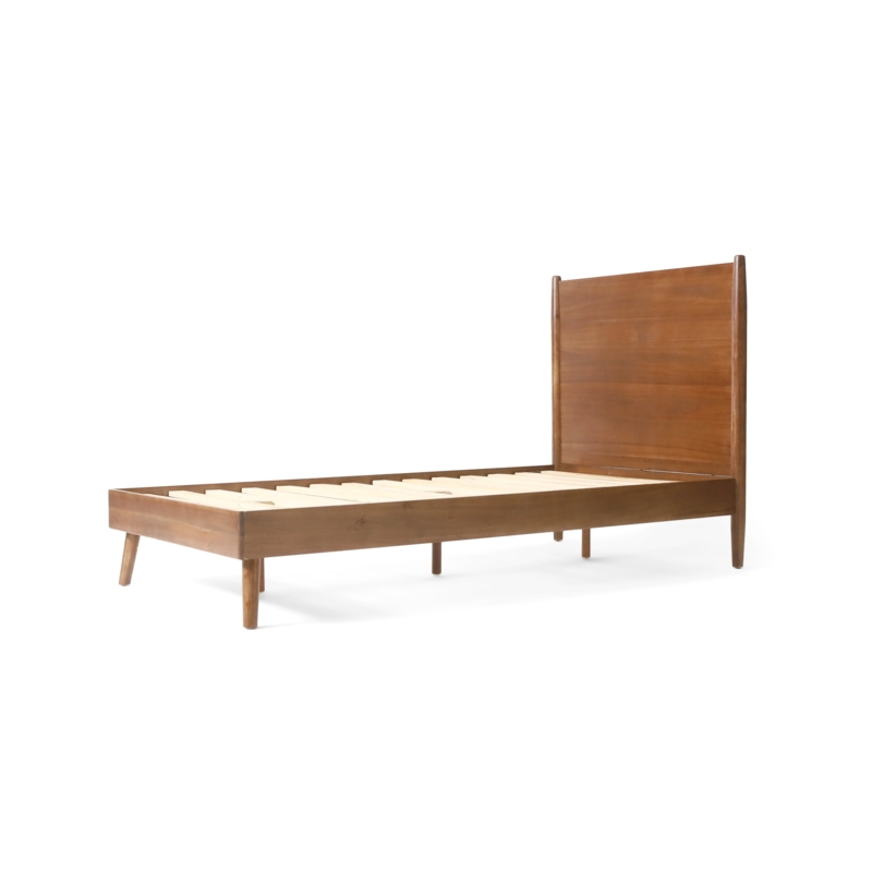Medium Brown Wood Platform Bed with Slatted Headboard & Conical Legs