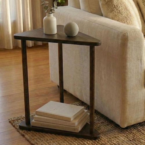Medium Brown Wood Triangular End Table with Tapered Legs