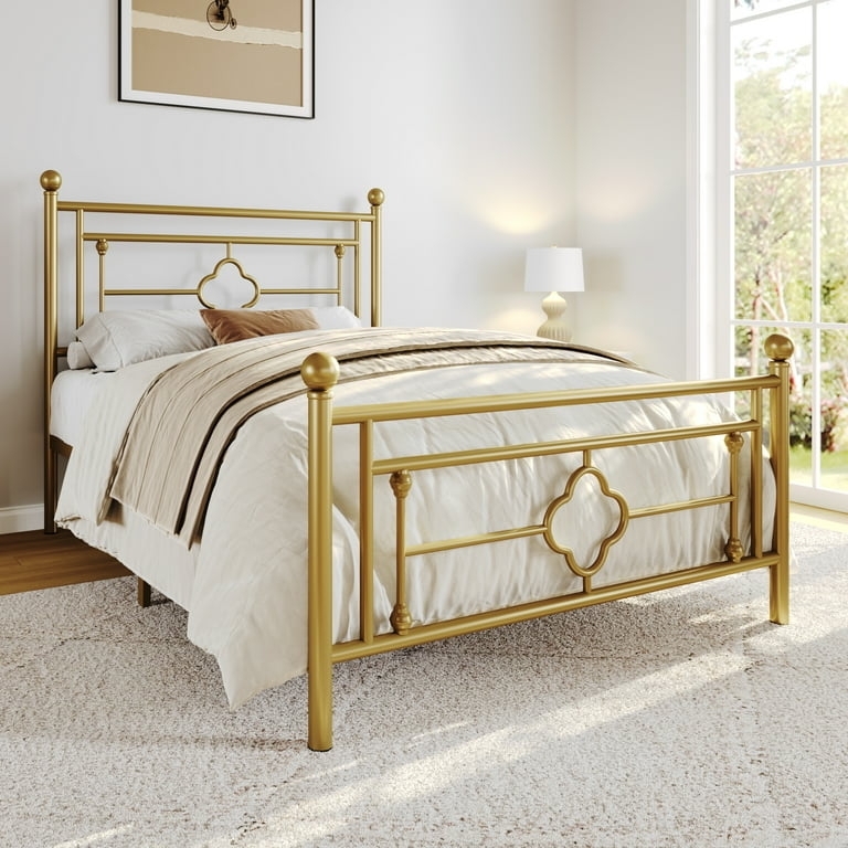 Metal Bed Gold Scrollwork Victorian Inspired Headboard Platform Base