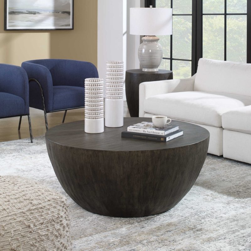 Metallic Drum Coffee Table Champagne Gold Ribbed Texture Glam