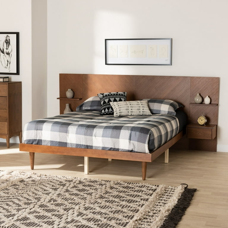 Mid-Century Bed with Slatted Headboard Detail and Tapered Legs