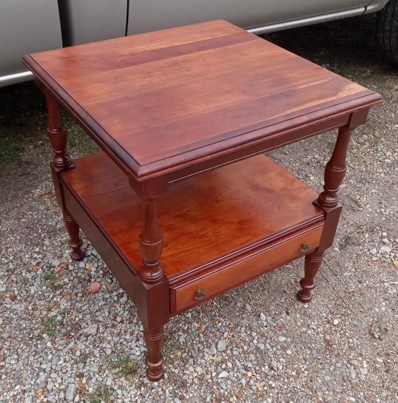Mid Century Cherry End Table with Drawer and Lower Shelf