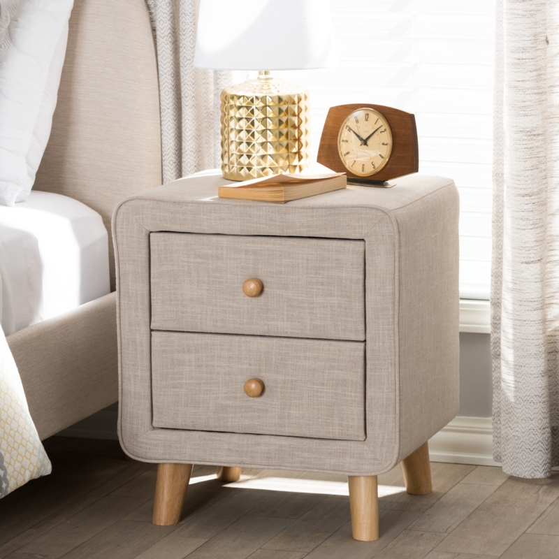 Mid-Century Linen Upholstered Nightstand, 2 Drawers