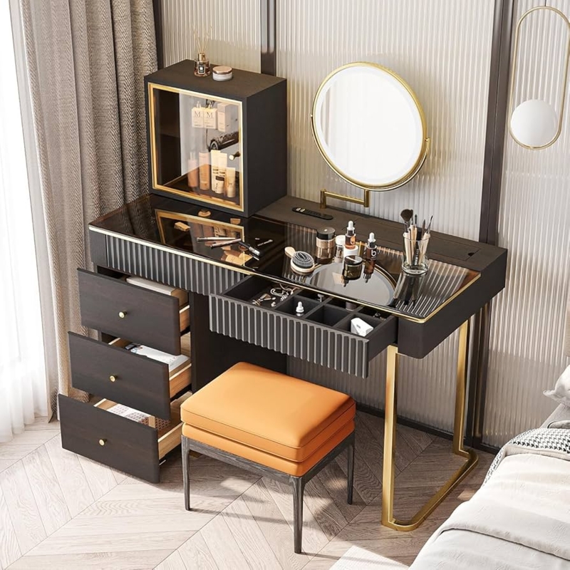 Mid-Century Makeup Vanity Wood Toned with Leather-Like Drawer Fronts