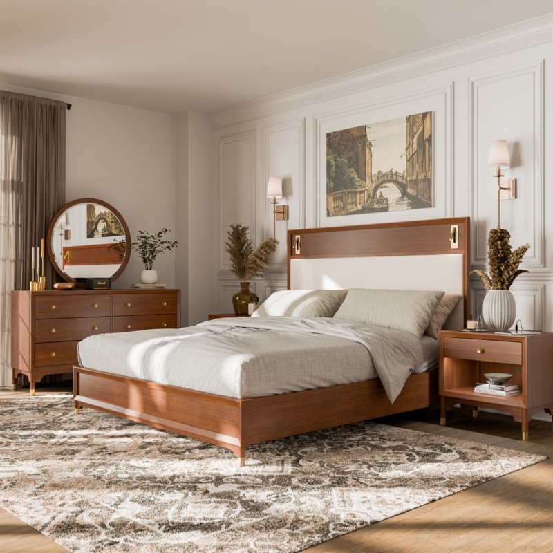 Mid-Century Modern Bedroom Set in Walnut Finish with Tapered Legs