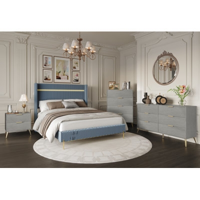 Mid-Century Modern Bedroom Set with Ribbed Upholstery and Tapered Legs