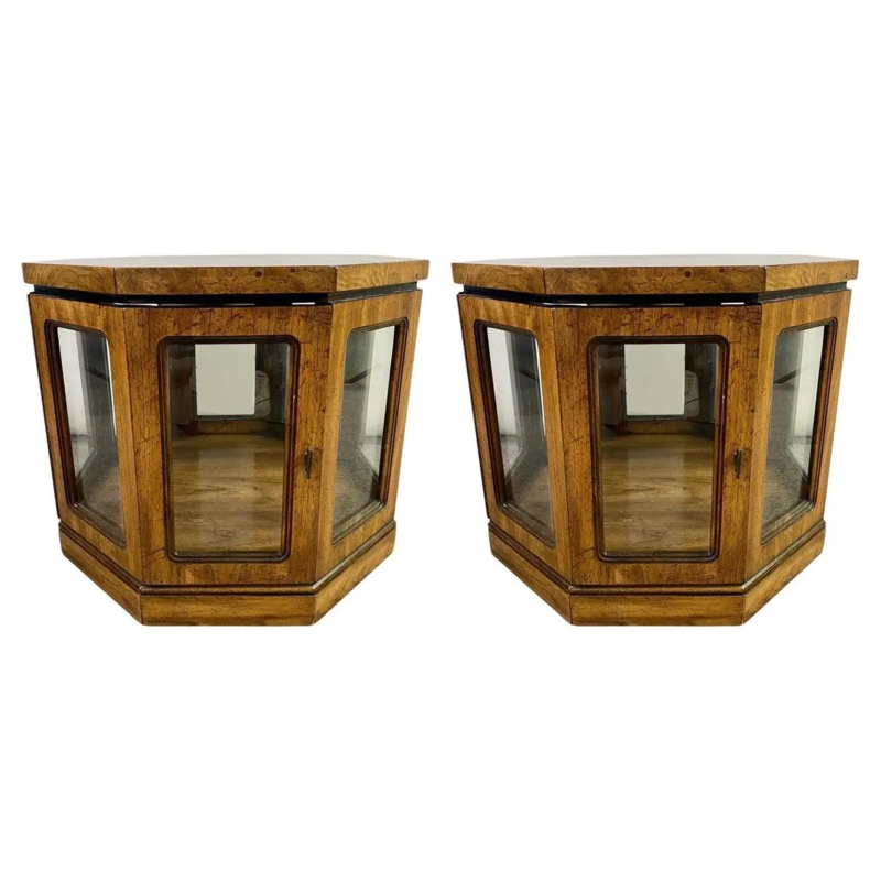 Mid-Century Modern Burlwood Hexagon Display Side or End Table, a Pair