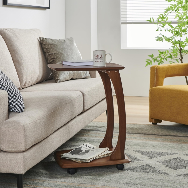 Mid-Century Modern C-Shaped Side Table on Wheels, Walnut Wood Tone