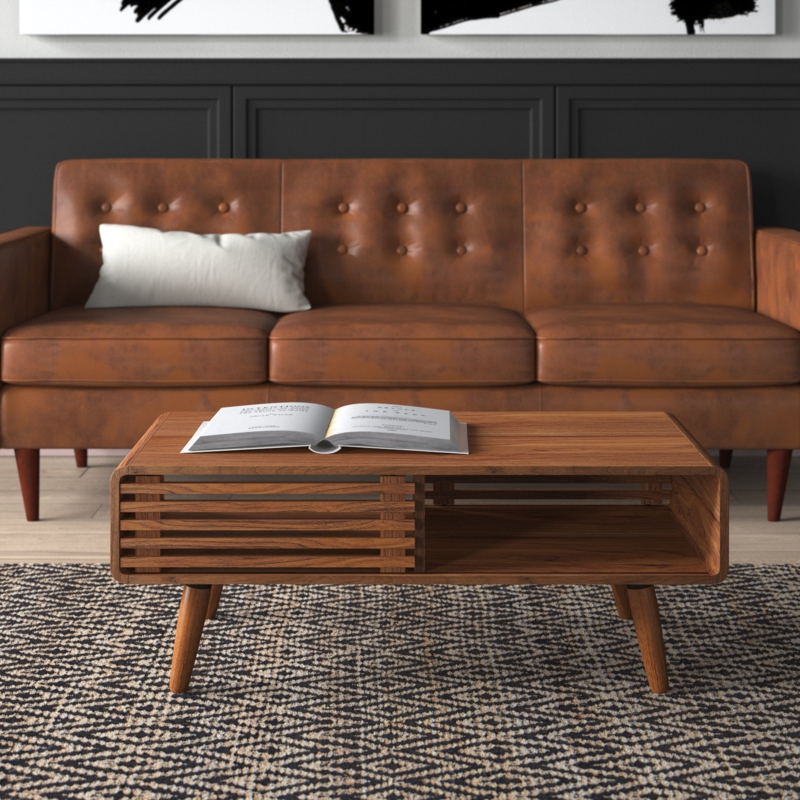 Mid-Century Modern Coffee Table with Tapered Legs, Warm Wood Grain Finish