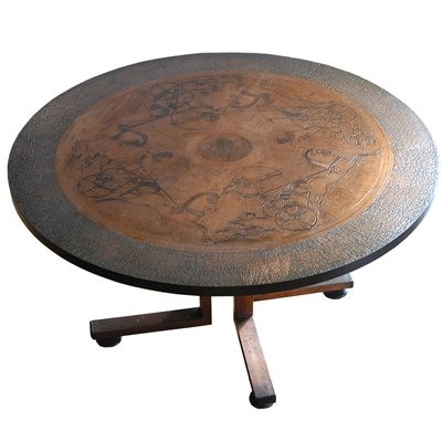 Mid Century Modern Danish Table Round Copper Top Tapered Wood Legs