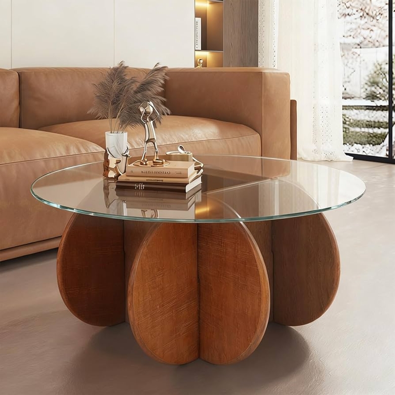 Mid Century Modern Glass Coffee Table Round Wood Frame Angled Legs