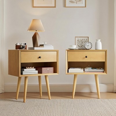 Mid-Century Modern Natural Wood Nightstand Set with Cubby