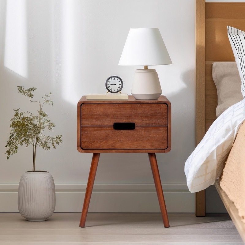 Mid-Century Modern Nightstand, Acorn Finish, Open Cubby, Splayed Legs