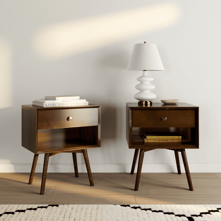 Mid-Century Modern Nightstand Beveled Frame Two Drawers Walnut