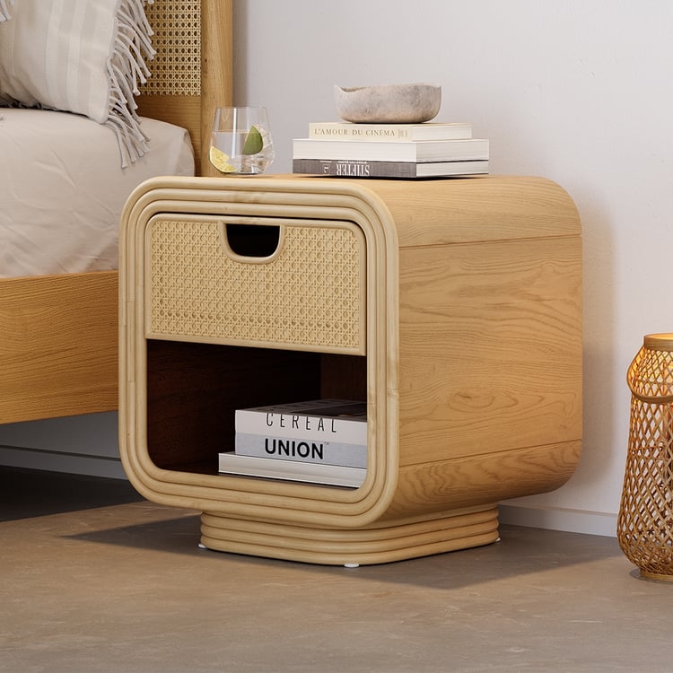 Mid Century Modern Nightstand Rattan Drawer with Black Splayed Legs