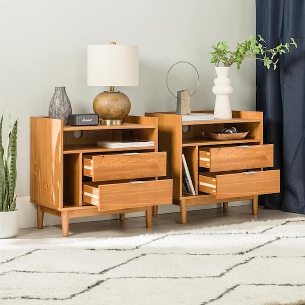 Mid-Century Modern Nightstand Set, Caramel Wood Finish, Tray Top Design