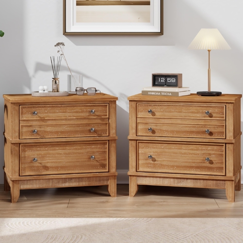 Mid-Century Modern Nightstand Set with Cut-Out Handles & Three Drawers
