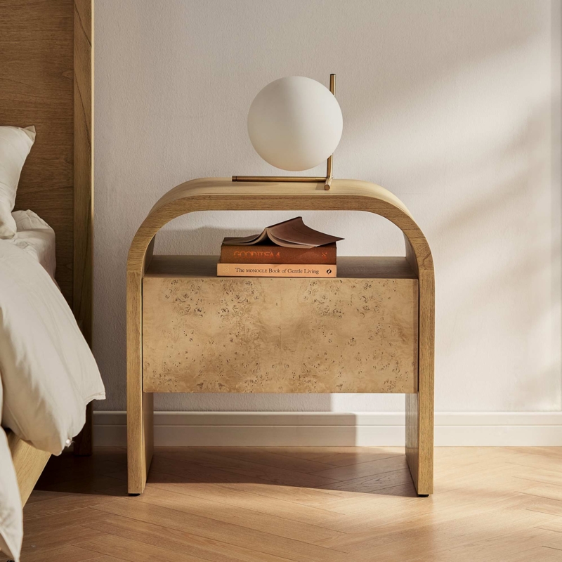 Mid-Century Modern Nightstand with Shelf and Gold Leg Caps