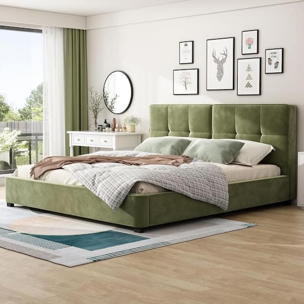 Mid-Century Modern Olive Green Platform Bed with Curved Headboard