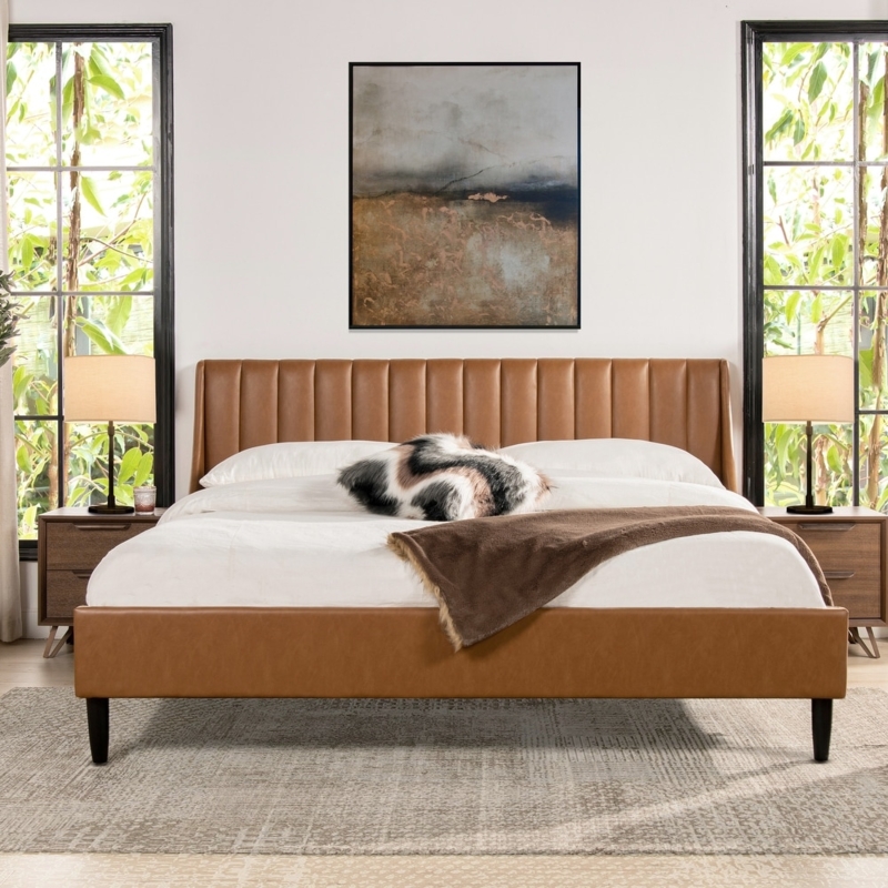 Mid-Century Modern Platform Bed Brown Velvet Channel Tufting