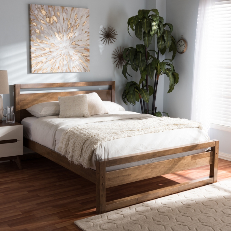 Mid-Century Modern Platform Bed, Slatted Headboard & Tapered Legs
