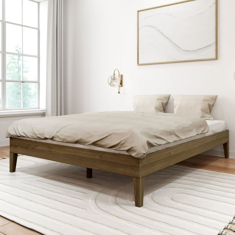 Mid-Century Modern Platform Bed, Walnut Finish, Spindle Legs