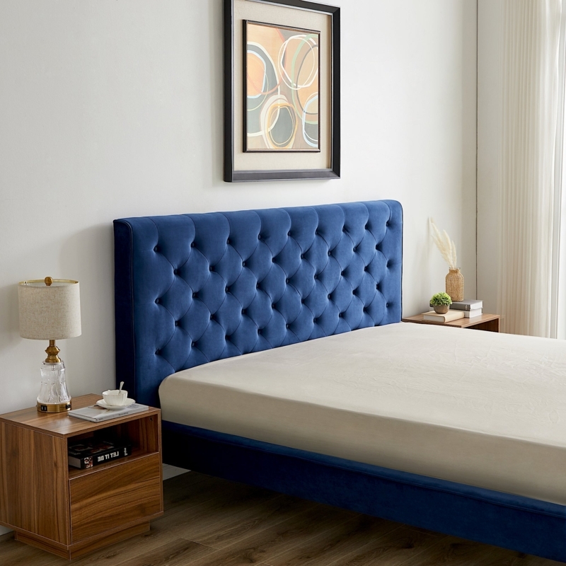 Mid-Century Modern Platform Bed with High Channel Tufted Headboard