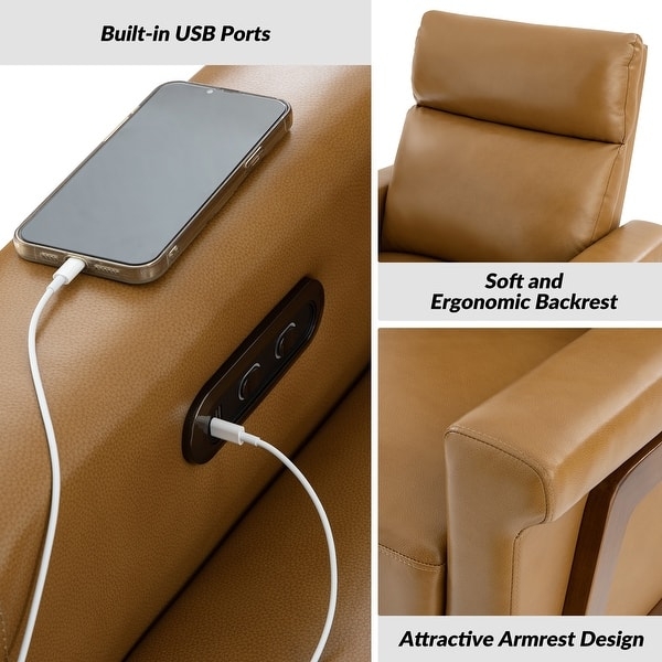 Mid-Century Modern Power Recliner Set, Cognac Leather-Like, Tapered Legs