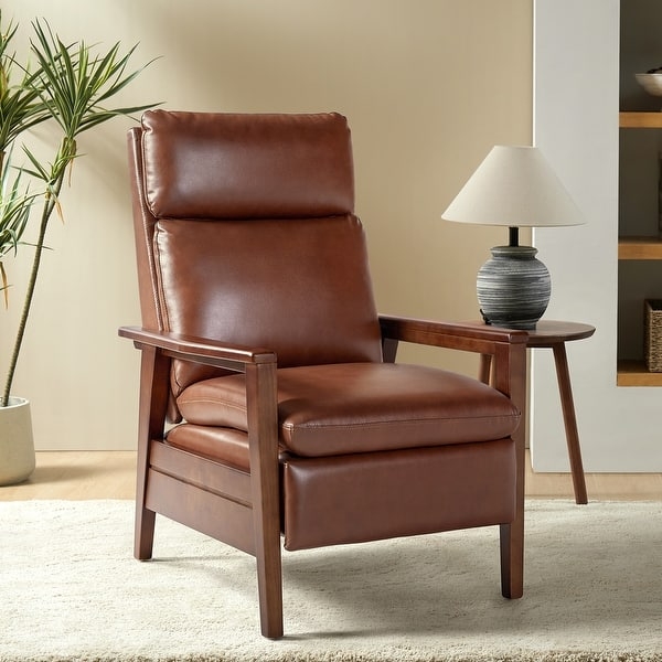 Mid-Century Modern Recliner Black Leather-Like Exposed Wood Frame