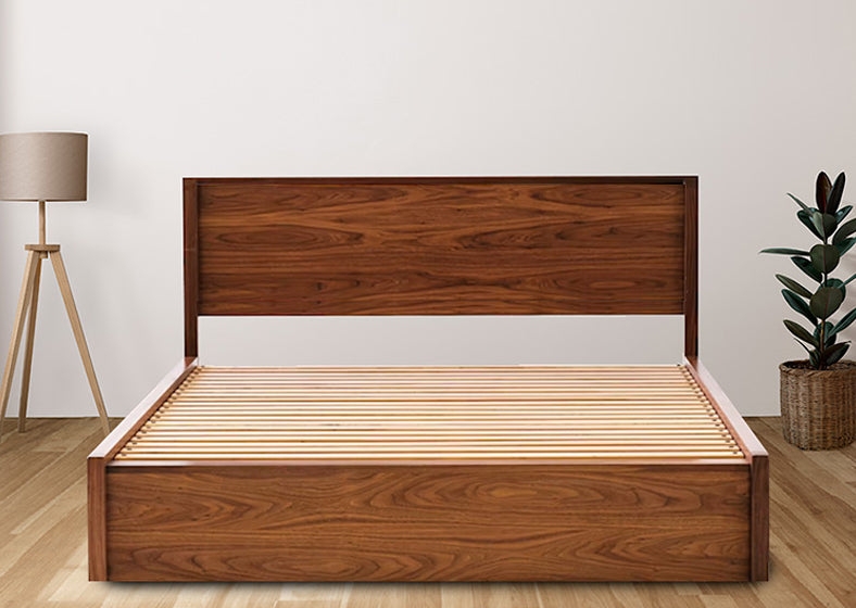 Mid-Century Modern Upholstered Bed Light Wood Finish Tapered Legs