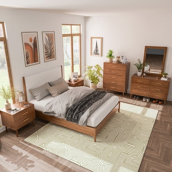 Mid-Century Modern Walnut Bedroom Set with Tapered Legs & Upholstered Bed