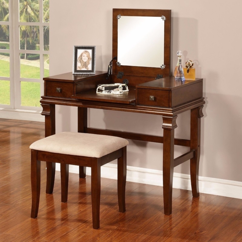 Mid-Century Modern Walnut Vanity Set with Oval Mirror and Stool