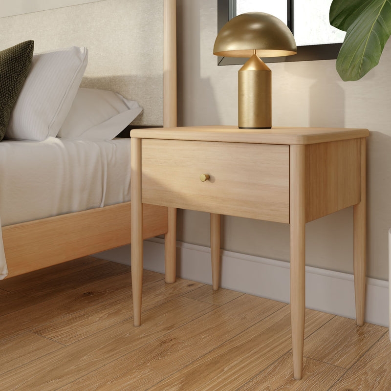 Mid-Century Modern Wood Nightstand with Tapered Legs and Round Knobs