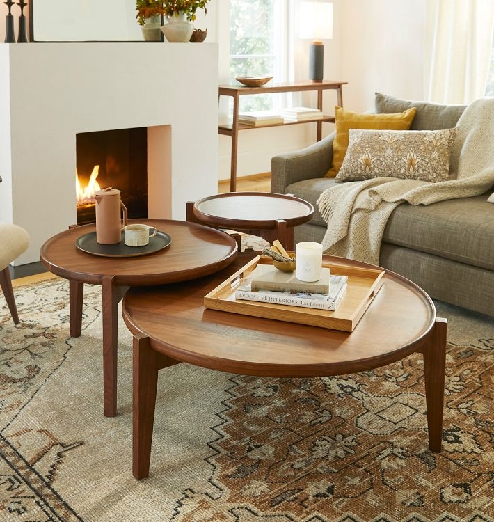 Mid-Century Nesting Coffee Tables Walnut Round Tripod