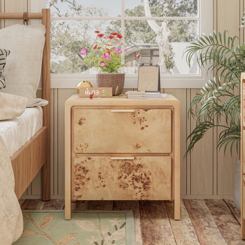 Mid-Century Nightstand Burl Wood Finish Tapered Legs Accent Table