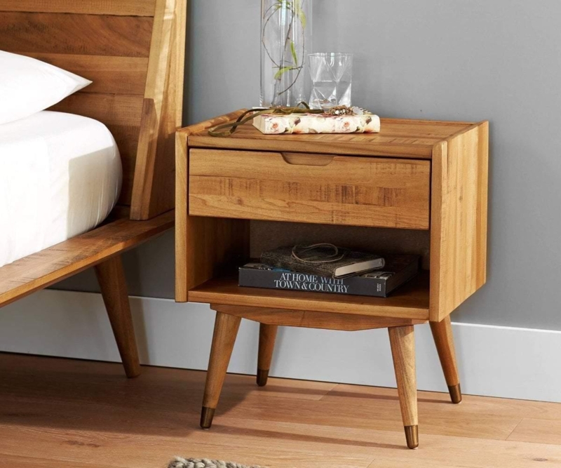 Mid-Century Nightstand Round Knobs Honey Tone Bedside Storage