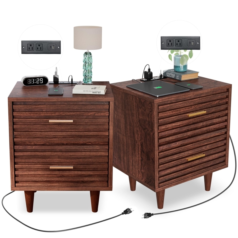 Mid-Century Nightstand Set with Tapered Legs, Gold Knobs and Charging